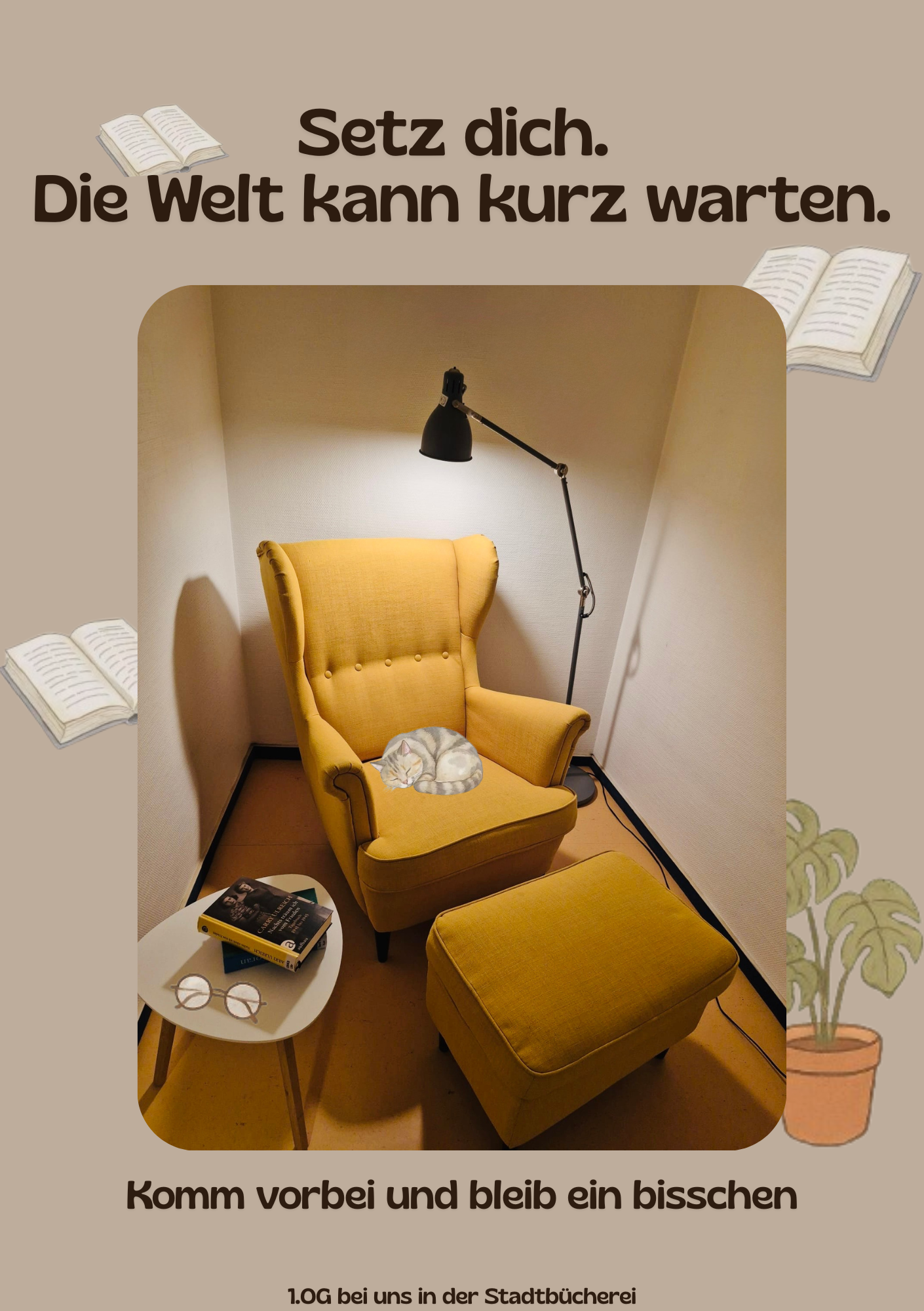Gelber Sessel mit Hocker, Beistelltisch und Stehlampe. Gelber Sessel mit Hocker, Beistelltisch und Stehlampe.